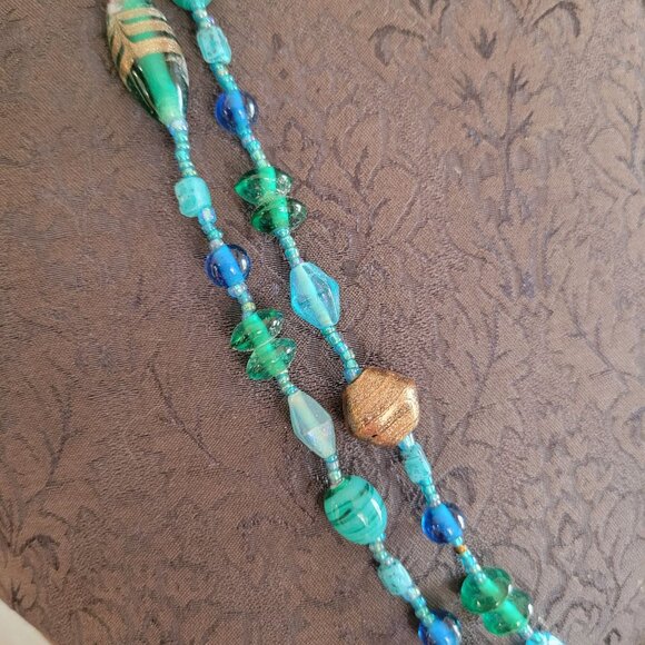 Handcrafted Long Multi-Strand Beaded Necklace With Glass Beads & Metallic Accent - Picture 2 of 4